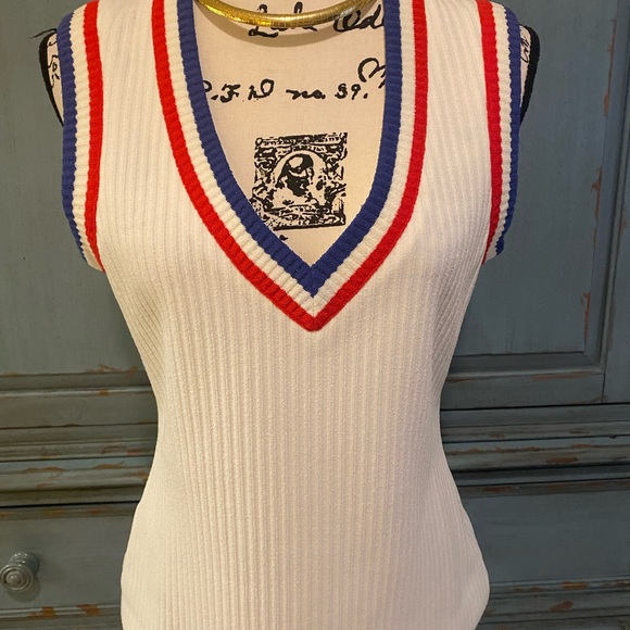 Vintage Act III V Neck Sleeveless Sweater & Matching Jacket Cream Red And Blue - Picture 6 of 8